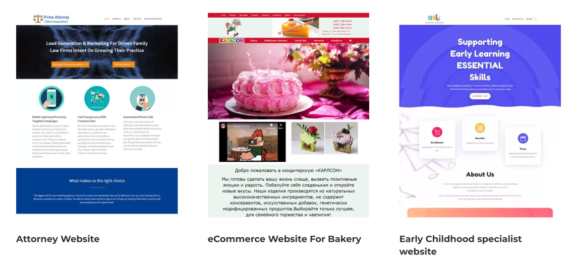 More examples of websites we've built: an attorney website, an eCommerce bakery website, and an early childhood specialist website