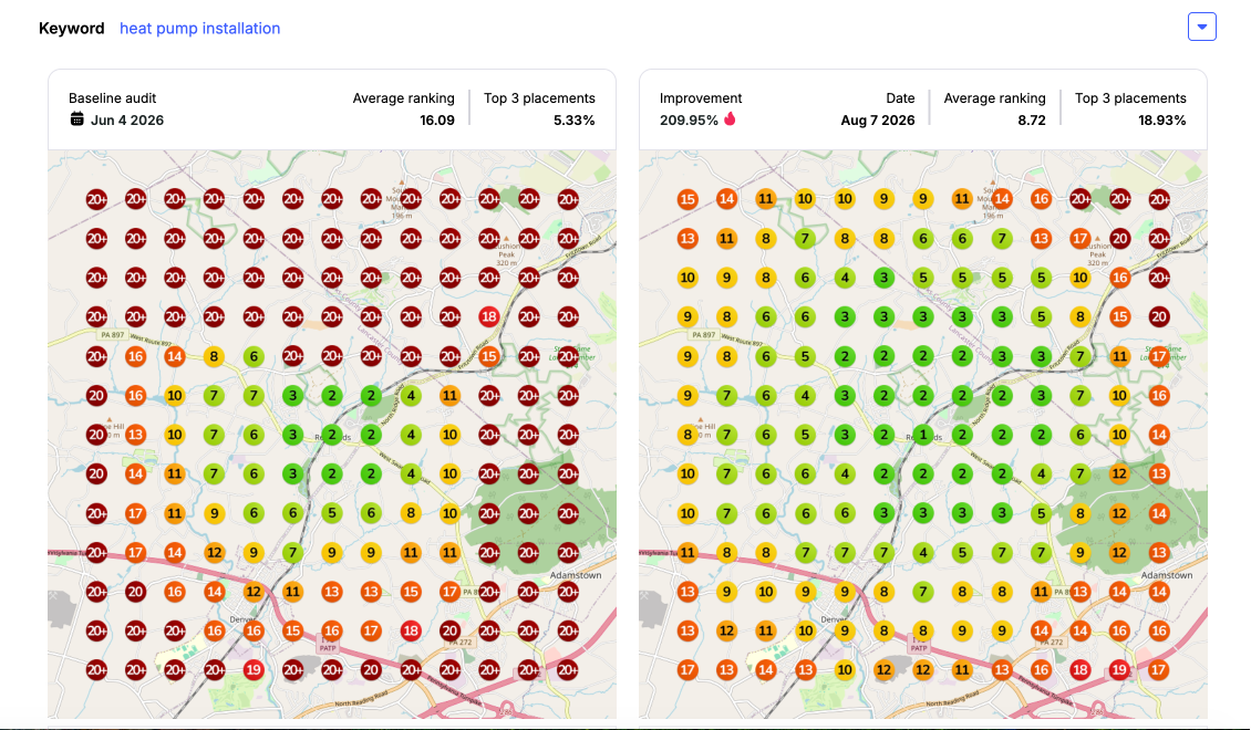 Heat pump installation map rankings improving from an average position of 16 to 8.7 after Google Business Profile optimization