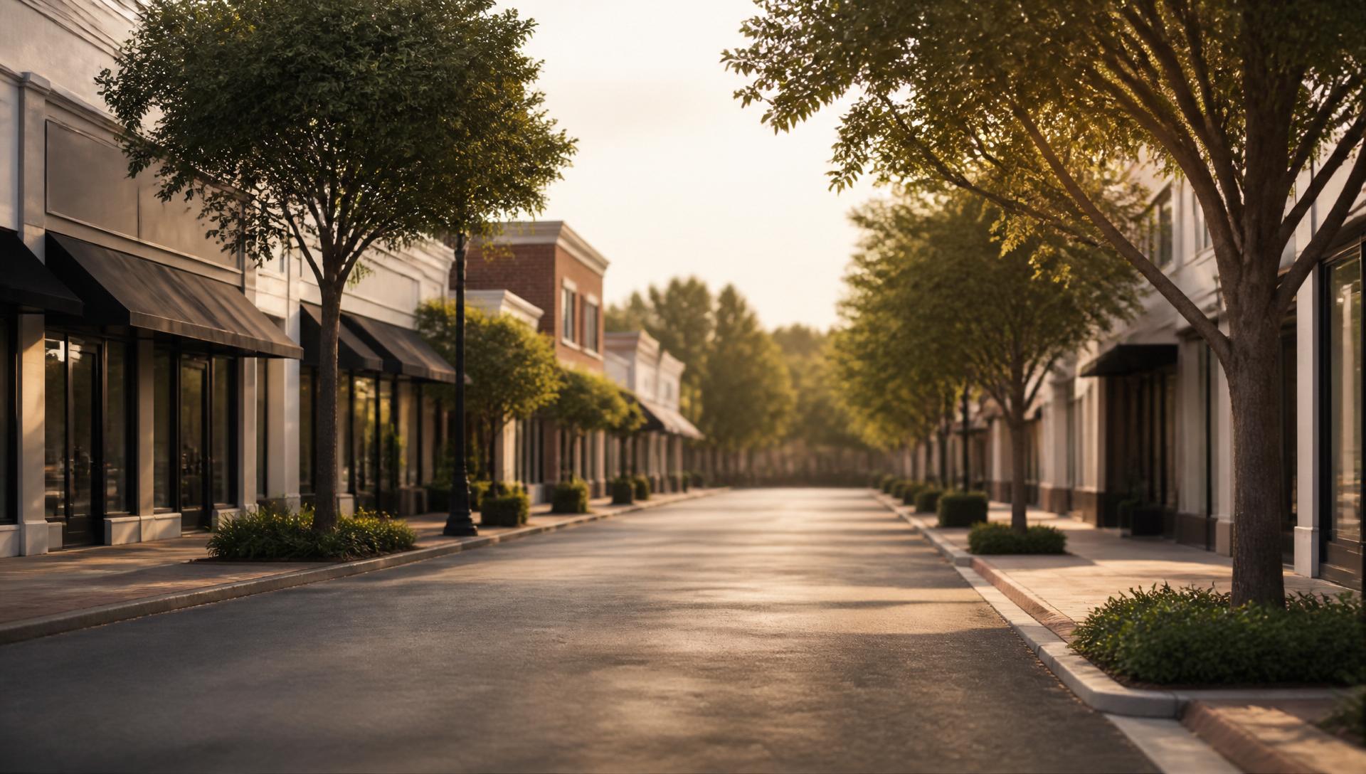 Softly blurred local downtown street with neutral storefronts and soft golden light